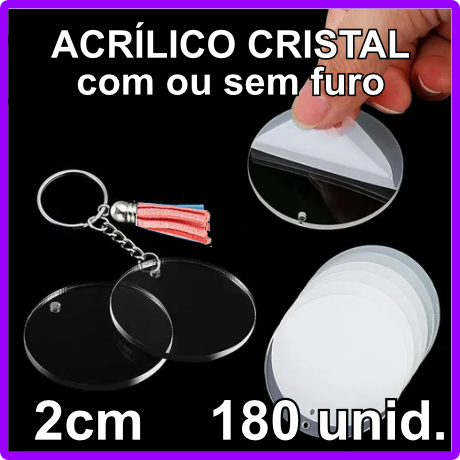 Pingente de Chaveiro em Acrílico Cristal 2mm Sem Gravação - Redondo 2cm - Pct 180 unid.